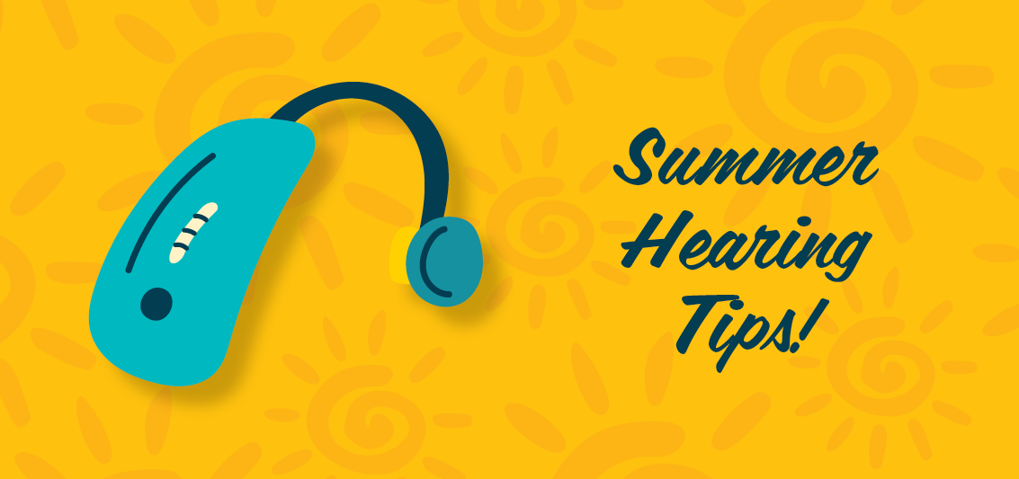 Graphic illustration of a teal hearing aid against a bright yellow background patterned with swirling suns